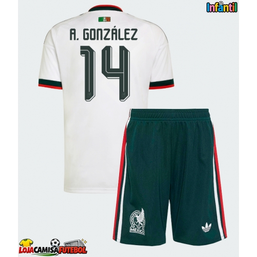Camisa de Futebol México Armando Gonzalez #14 Equipamento Secundário Infantil Mundo 2026 Manga Curta (+ Calças curtas)